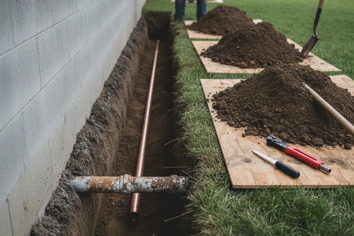 Excavated water line trench during Sewer Line Repair in Walkerton